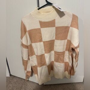 Elegant Tan and Cream Checkered Women's Turtleneck Sweater